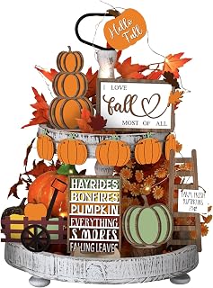 15 Pcs Fall Tiered Tray Decor Set Hello Fall Decor Autumn Wood Signs Thanksgiving Orange Brown Table Signs Wooden Maple Pumpkin Garland with LED String Lights for Festival (Harvest)