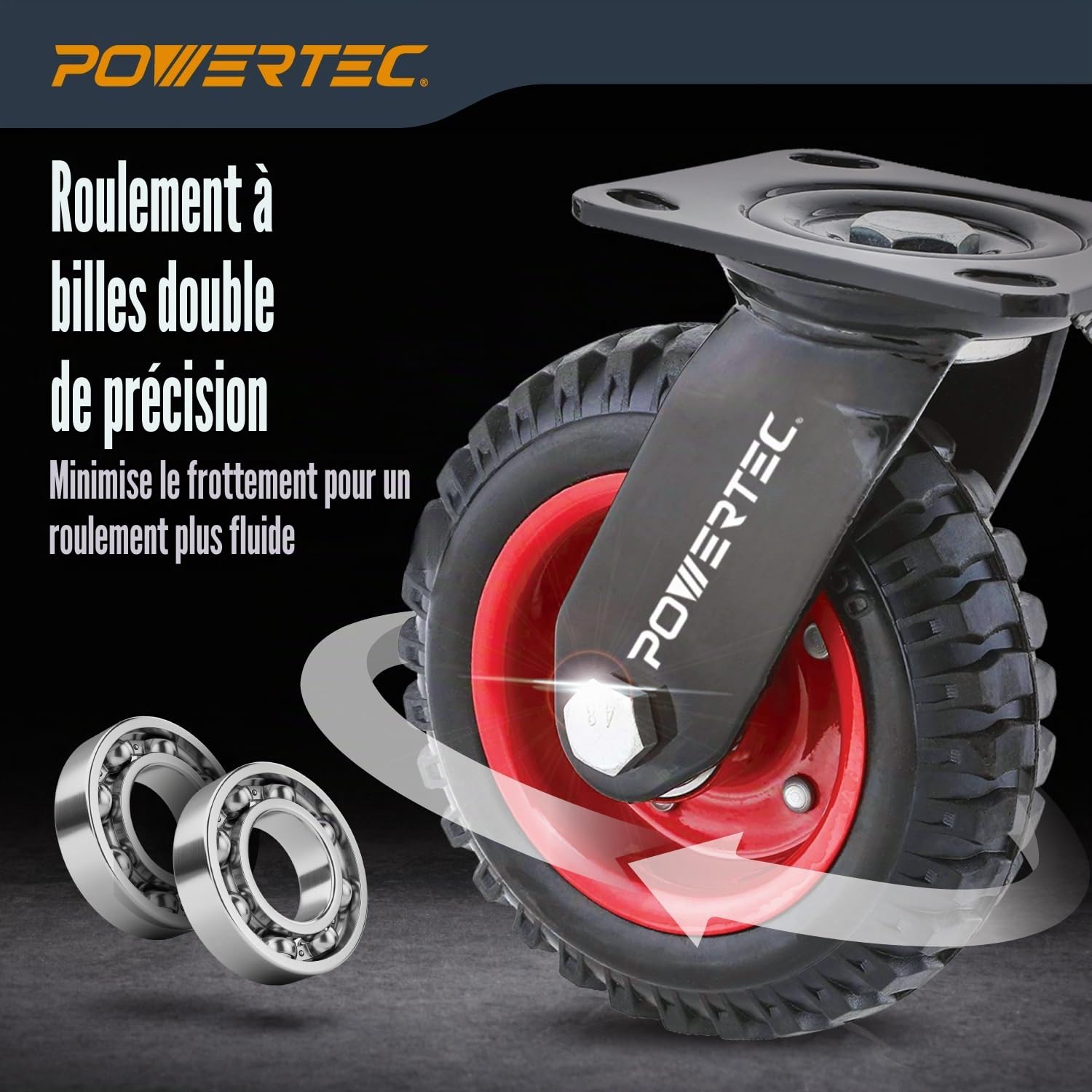 POWERTEC Roulette industrielle pivotante 17050, 16,5 cm, noire, 15,2 cm