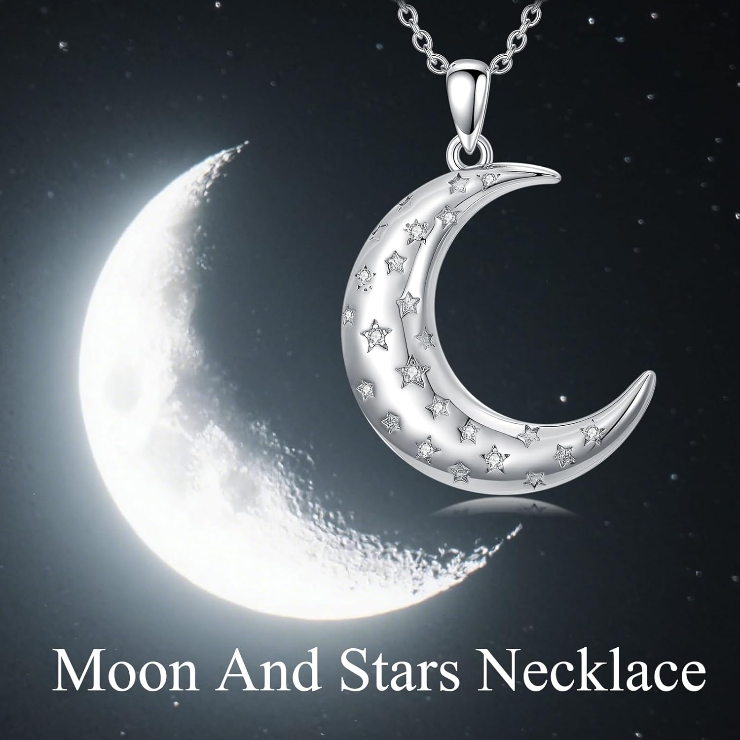 LONAGO Crescent Necklace Moonstone Moon and Star Pendant 925 Sterling Silver Crescent Moon Star Pendant Jewelry Gift for Girlfriend Women Wife