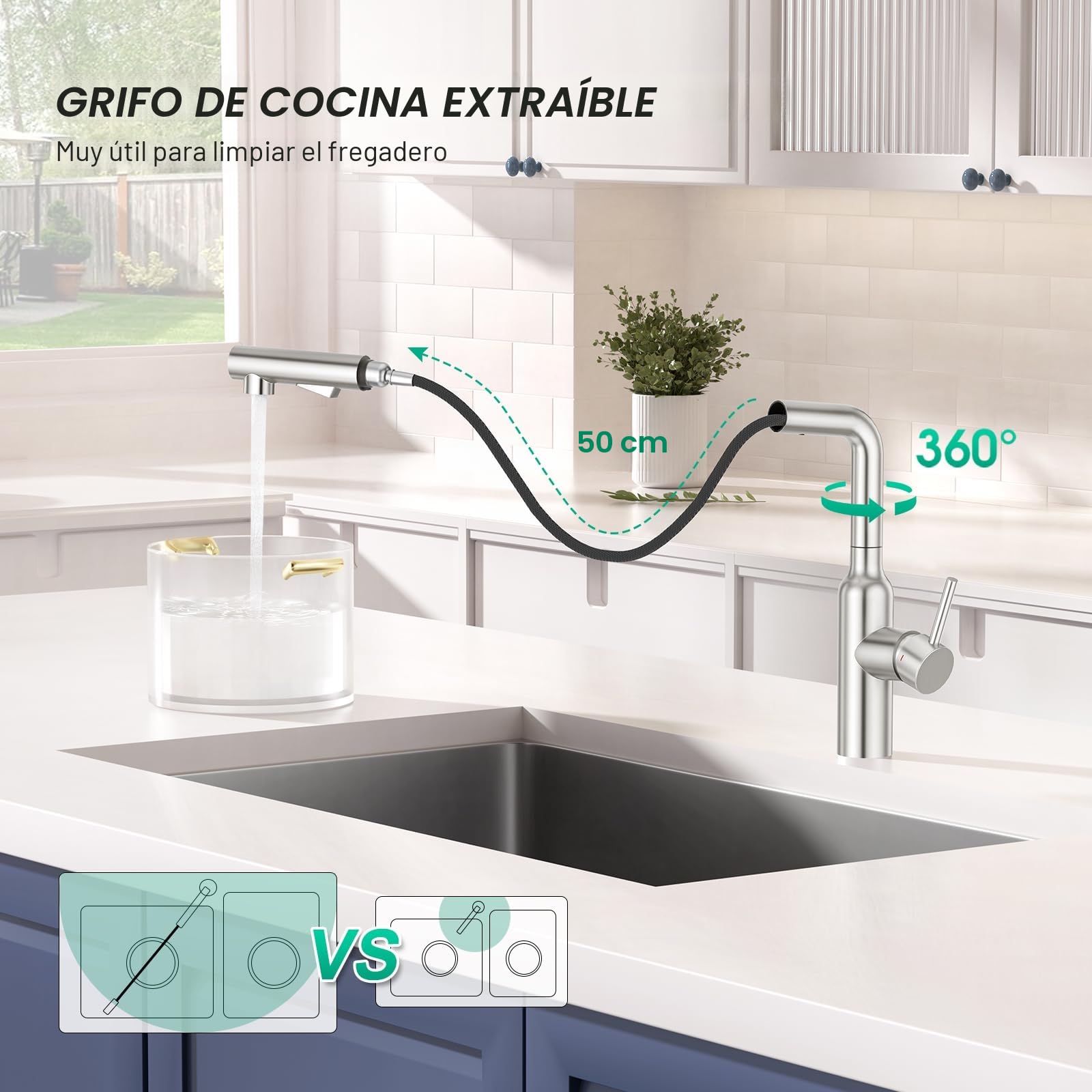 CREA Grifo Cocina para Fregadero con Ducha extraíble, Mezclador Monomando, cepillado