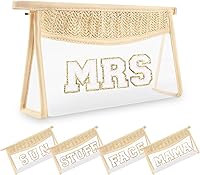 Vista 16 de Pequeñas bolsas de maquillaje transparentes de paja bohemia para mujeres y niñas, bolsa de cosméticos con cremallera de chenilla, bolsa de parche