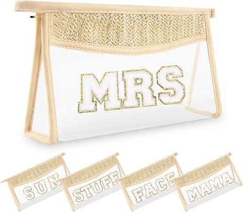 Pequeñas bolsas de maquillaje transparentes de paja bohemia para mujeres y niñas, bolsa de cosméticos con cremallera de chenilla, bolsa de parche de