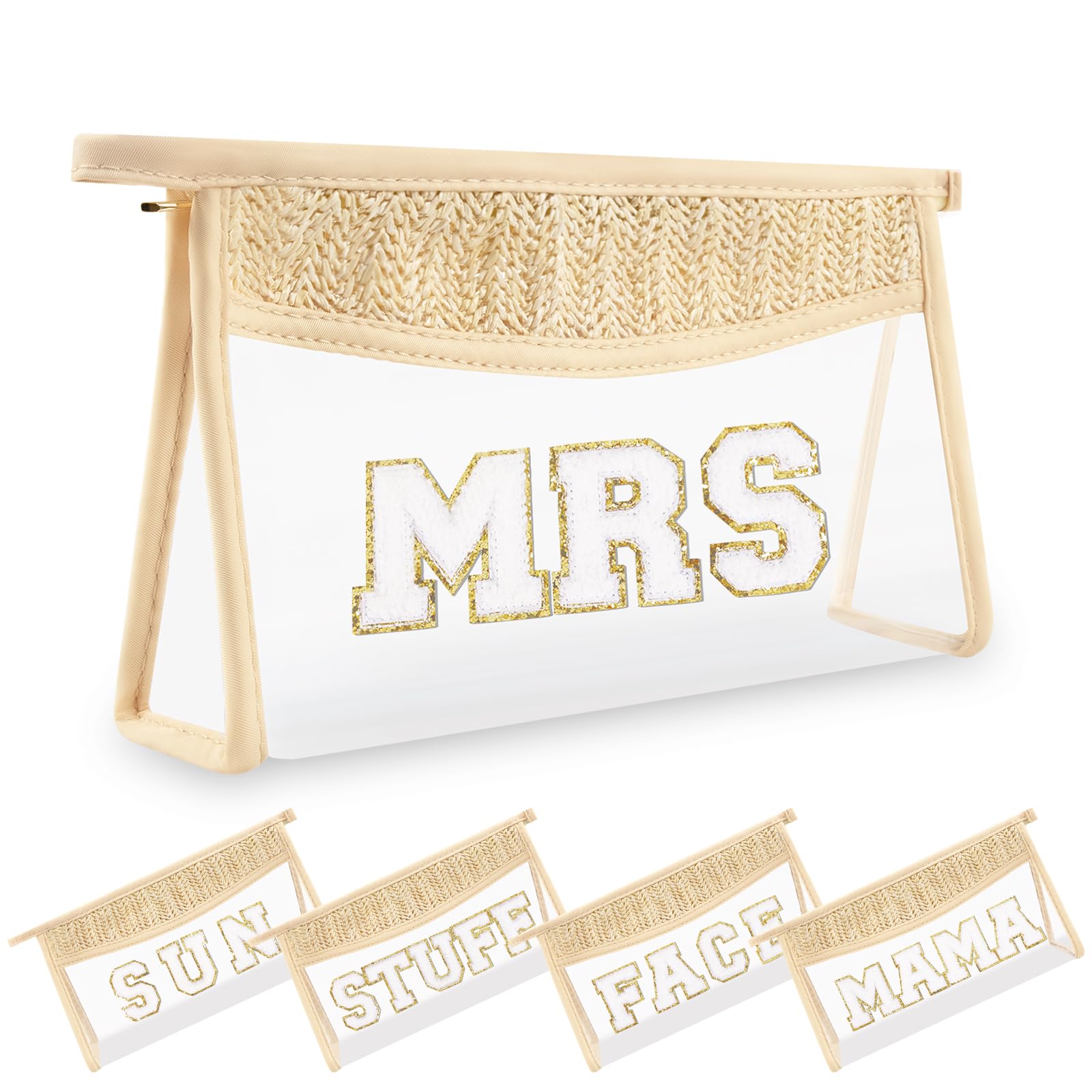 Small Boho Straw Clear Mrs Makeup Bags for Women&Girls, Zipper Cosmetic Bag Chenille Varsity Letter Patch Bag, Preppy Cute Toiletry Pouch, Trendy