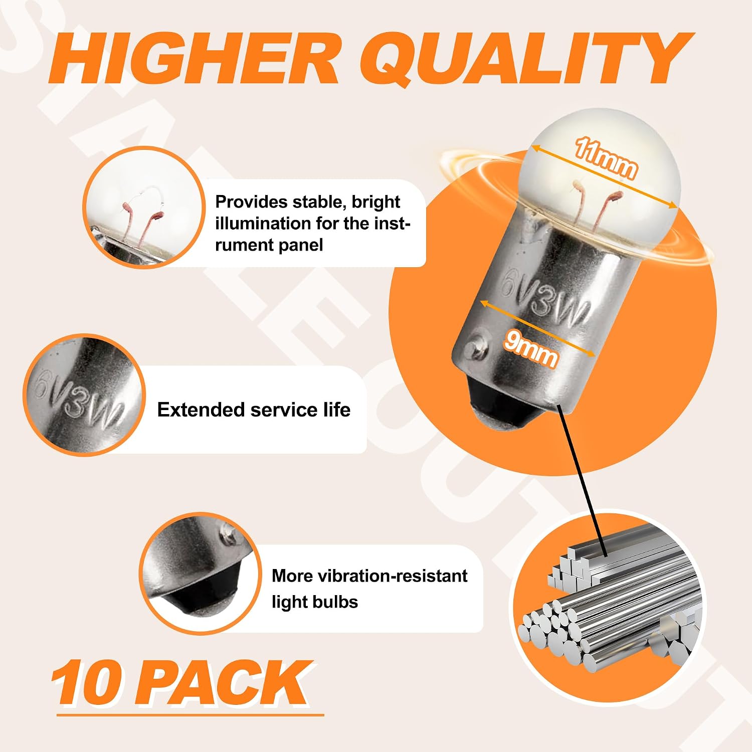 10 Pcs 6V 3W 6 Volt 3 Watt Motorcycle Speedo Speedometer Light Bulb | for Honda CT70 90 110 125 CA95 MR175 250 MT 70 75 90 110 125 175 250 | Bulb model：BA9s Miniature Bayonet