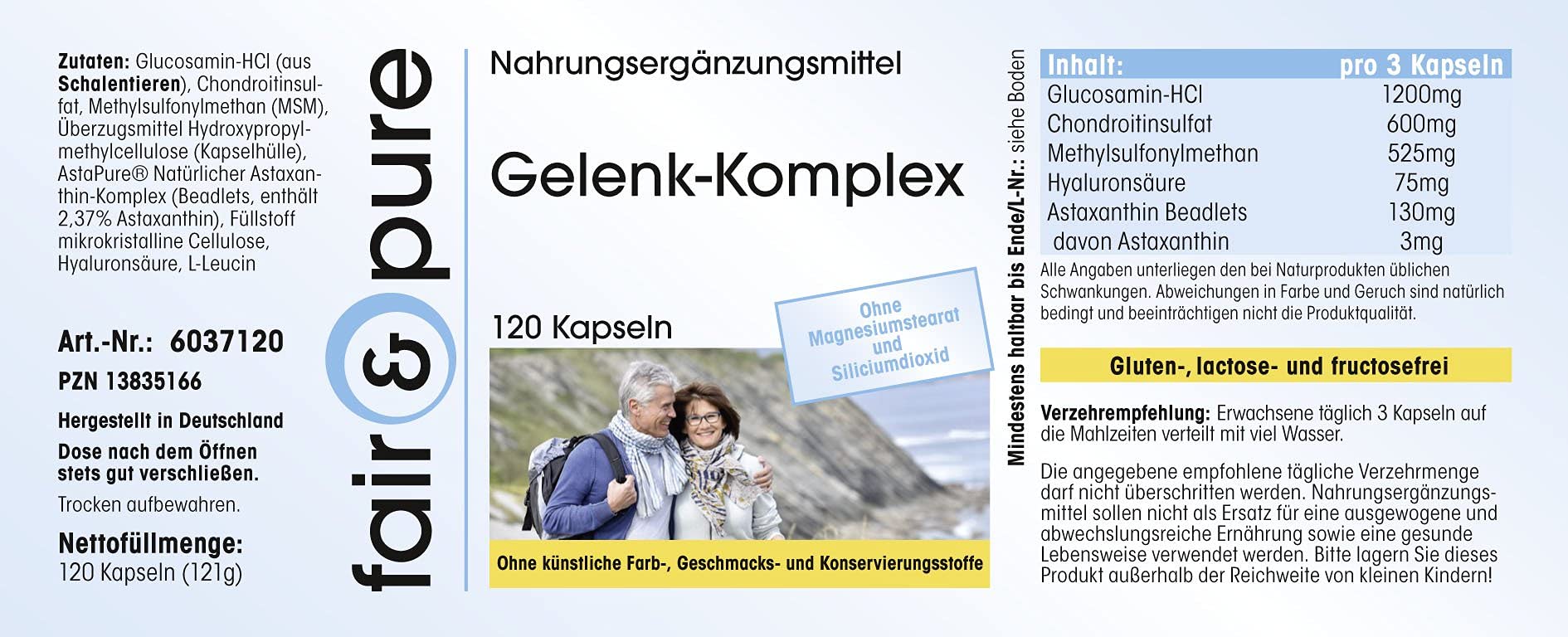 Fair & Pure Gelenk-Komplex, 120 Kapseln, mit Glucosamin, Chondroitin, MSM, Hyaluronsäure und Astaxanthin, Nahrungsergänzungsmittel ohne Magnesiumstearat, in Deutschland hergestellt (Packung mit 2)