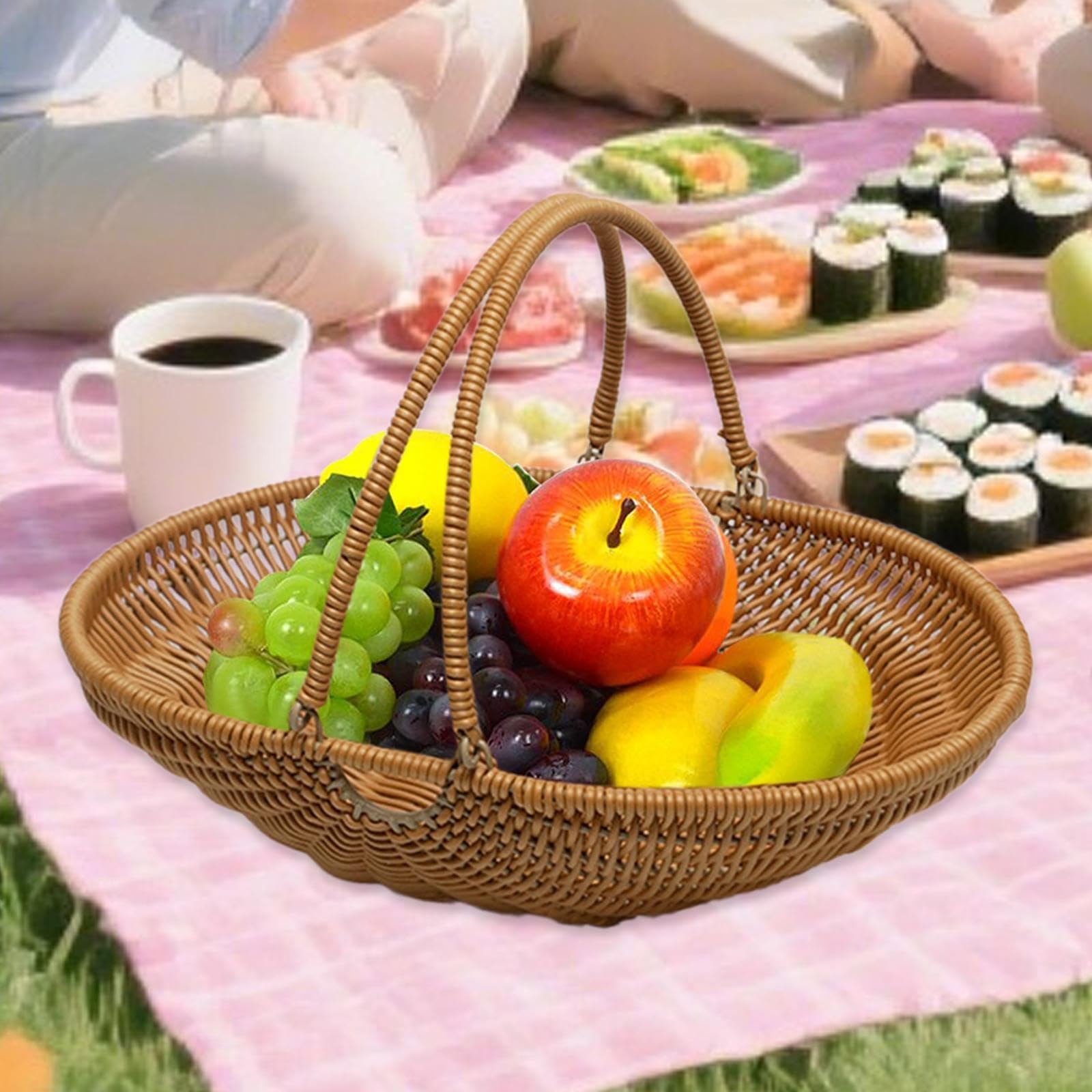 Baoblaze Imitation Rattan Kitchen Tote Basket Iron Wire Frame for Foods or Small Sundries Sturdy with Foldable Handle Versatile, Size S