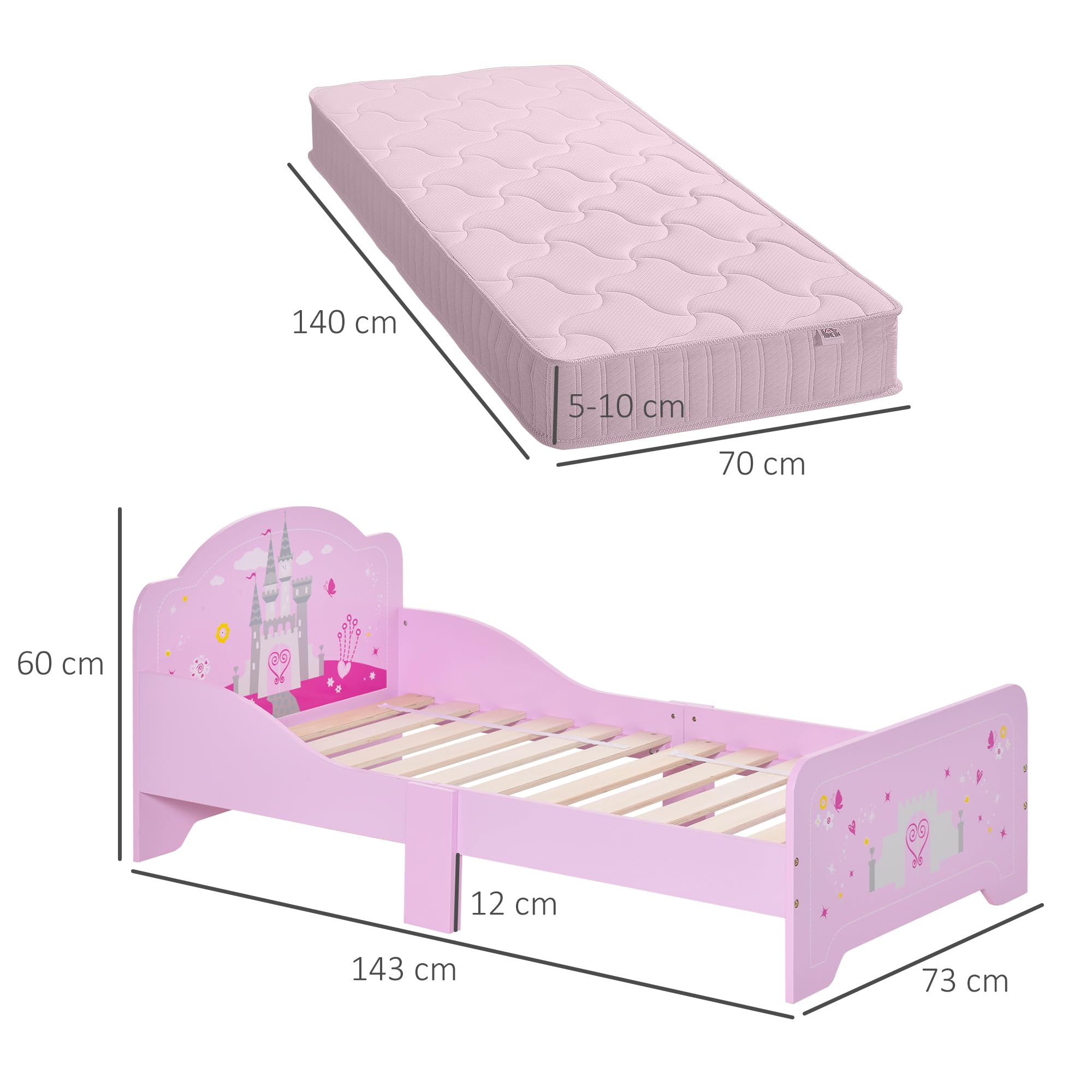 HOMCOM Lit Enfant 140 x 70 cm Design Princesse Sommier À Lattes Rose | Lit D'Enfant, Motif Château, MDF Contre-Plaqué