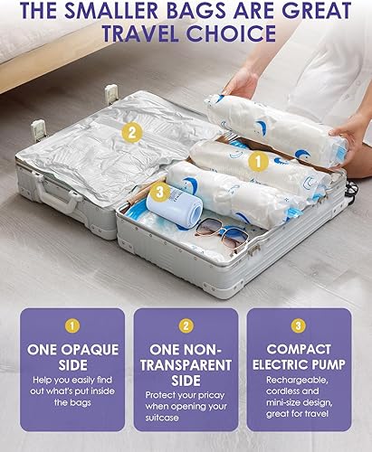 Miniatura 5 de Bolsas de almacenamiento al vacío con bomba eléctrica, paquete de 12 bolsas de ahorro de espacio de tamaño combinado para ropa, colchones, mantas,