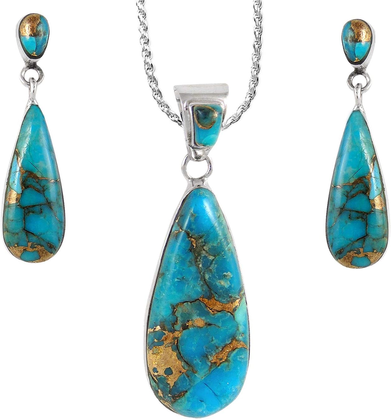 Turquoise Network Sterling Silver and Genuine Gemstones Necklace & Earrings Matching Set (Choose Style)