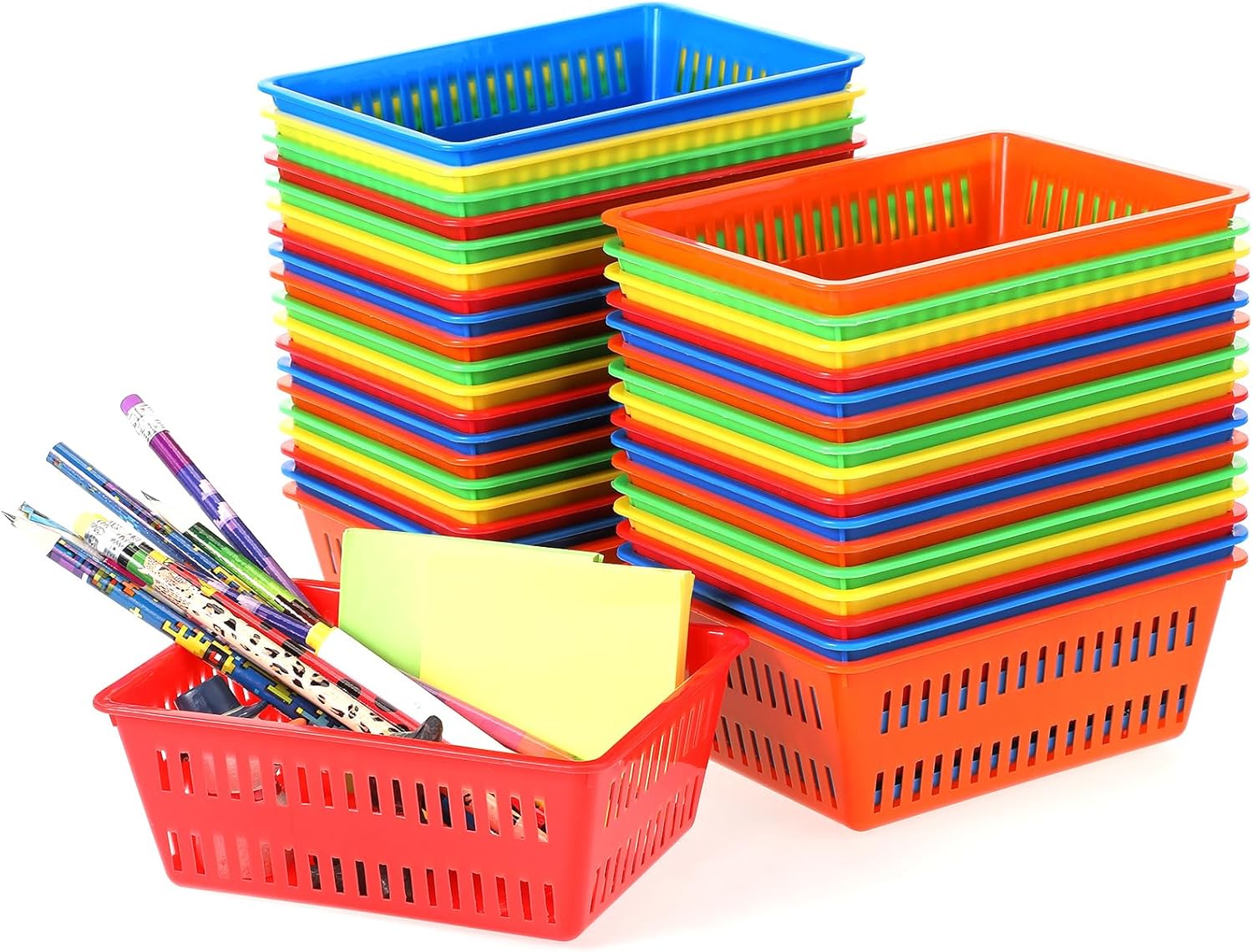 Sherr 36 Pack Classroom Storage Basket Small Plastic Basket for Organizing Crayon Pencil Container Storage Bin Tray Holder for Paper Shelf Back to School Office Supply 6.1"l x 4.3"w x 2.4"h(Colorful)