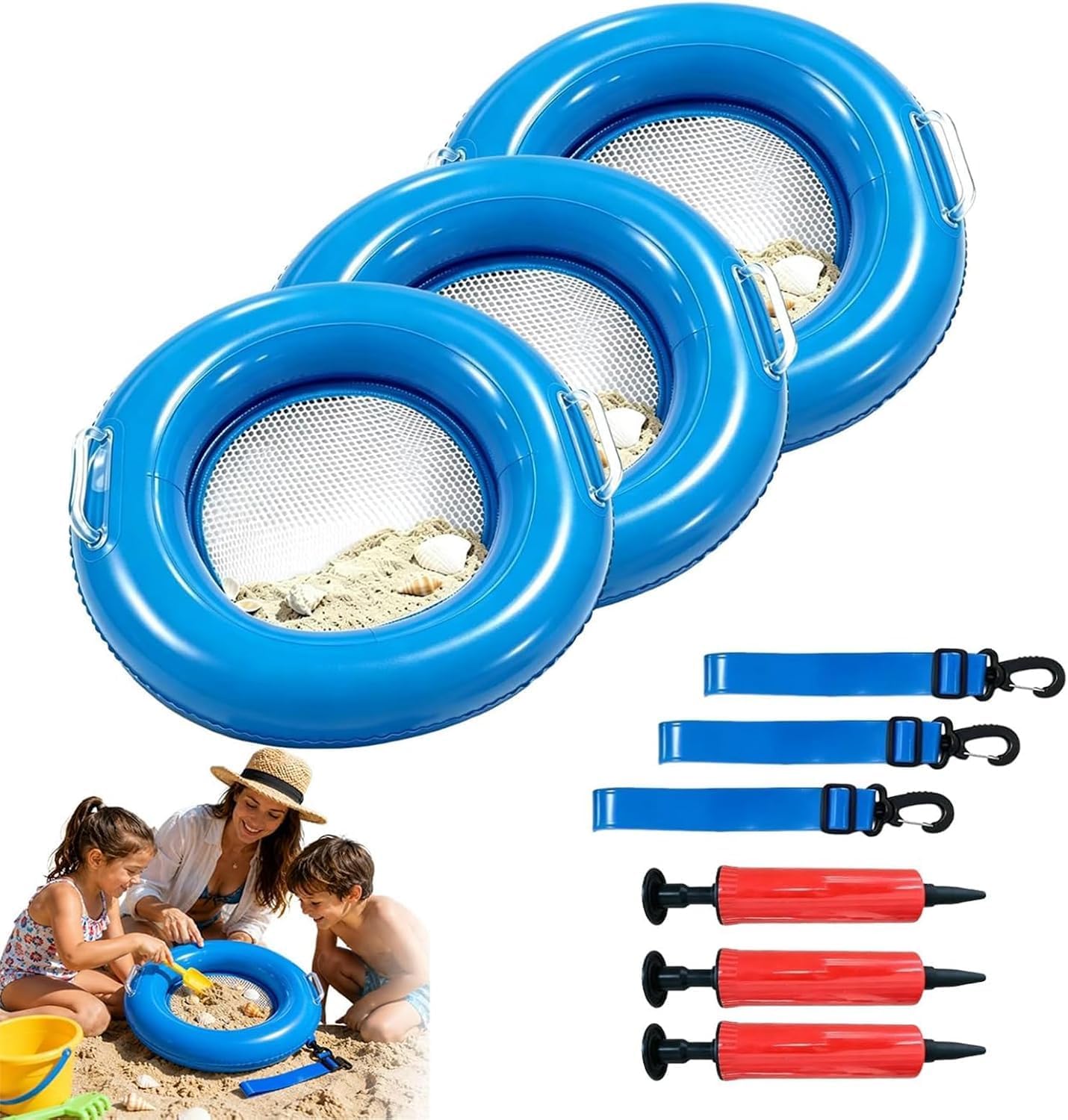 Floating Shark Tooth Sifter, Inflatable Metal Detecting Tool, Beach Sand Shell Sifters Holder with Retractable Handle Wrist Strap, Lightweight Plastic PVC Mesh for Shells Fossils Collecting (3, Blue)