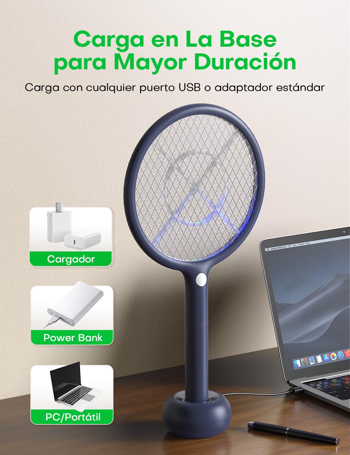 AROEVE Raqueta Mosquitos Electrica, 2-en-1 Raqueta Matamoscas Electrica, 4000V, Base de Carga USB, Batería Recargable de1200mAh, Modo de Atracción Auto, luz LED, Protección de 3 Capas,Azul
