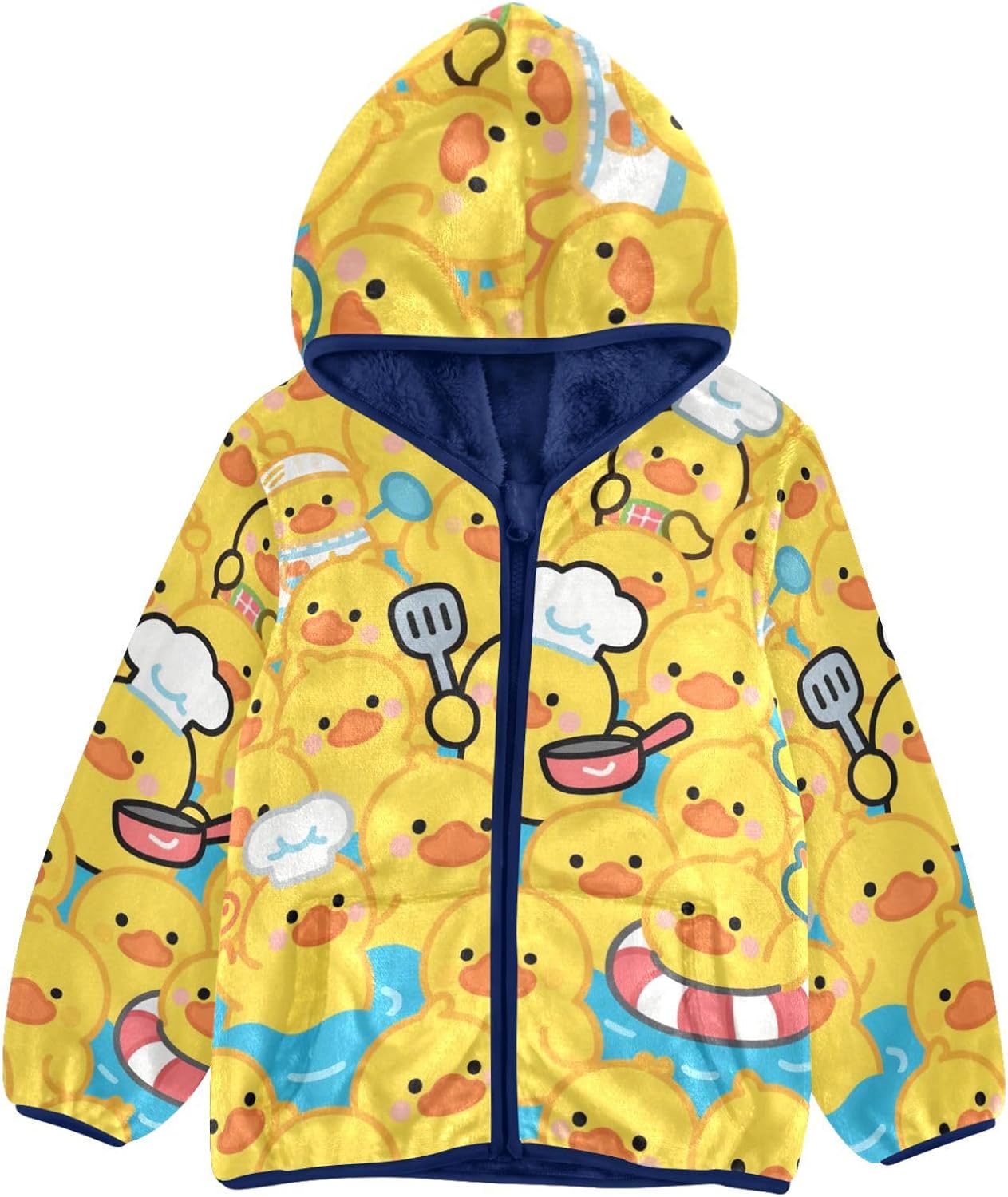 Cartoon Cute Duck Yellow Toddler Winter Jackets Children Plush Outerwear Navy Blue Baby Boys Hoodie