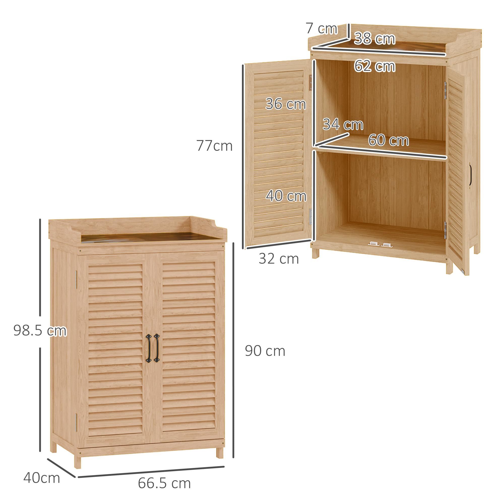 Outsunny Armadio da Giardino in Legno di Abete con Piano di Lavoro Zincato, Casetta Attrezzi Giardino con Ripiano Interno e Due Ante a Persiana, per Terrazza Patio, 65.5x40x98.5 cm, Giallo