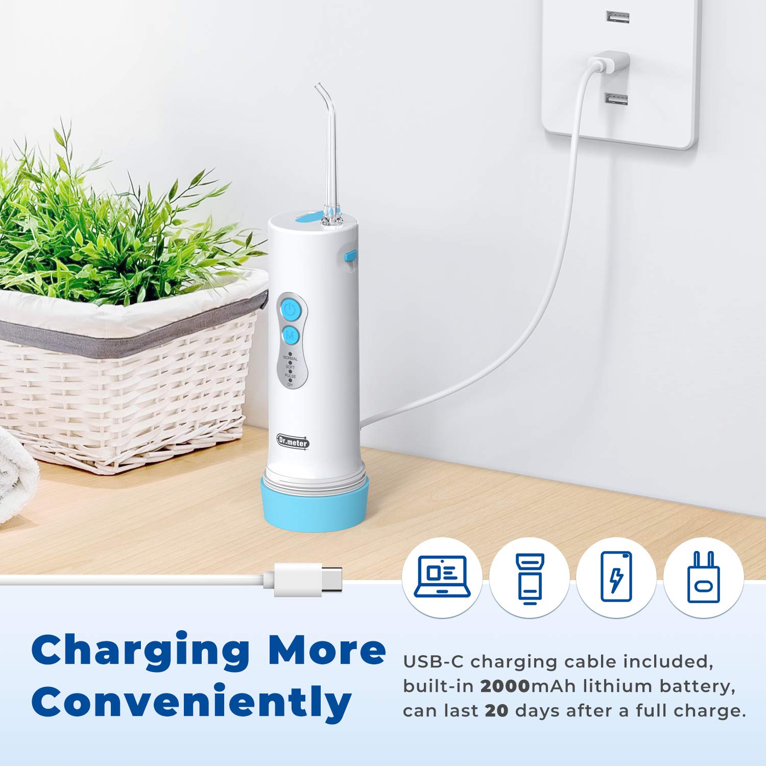 Water Flosser, Dr.meter Oral Irrigator with 4 Flossing Modes, 5 Jet Tips Cordless Water Flosser for Braces, IPX7 Waterproof Portable Water Flosser for Home and Travel, USB Charged for 20-Days Use