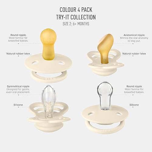 Vista 9 de BIBS Colección Try-It Paquete de 4 chupetes Pezón redondo, anatómico y simétrico sin BPA, látex de goma natural y silicona, fabricado en Marfil