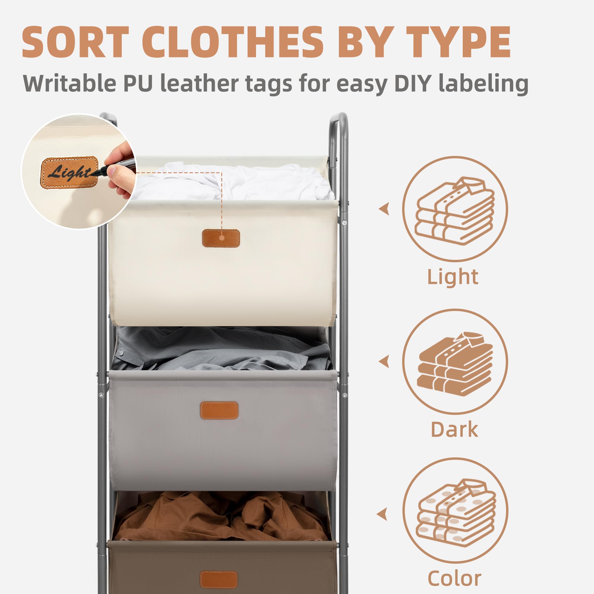 STORAGE MANIAC Cesta de lavandería vertical con ruedas de 120 litros, clasificador de ropa sucia de 3 secciones con ruedas y 2 roturas, cestas de lavandería de 3 niveles para espacios pequeños