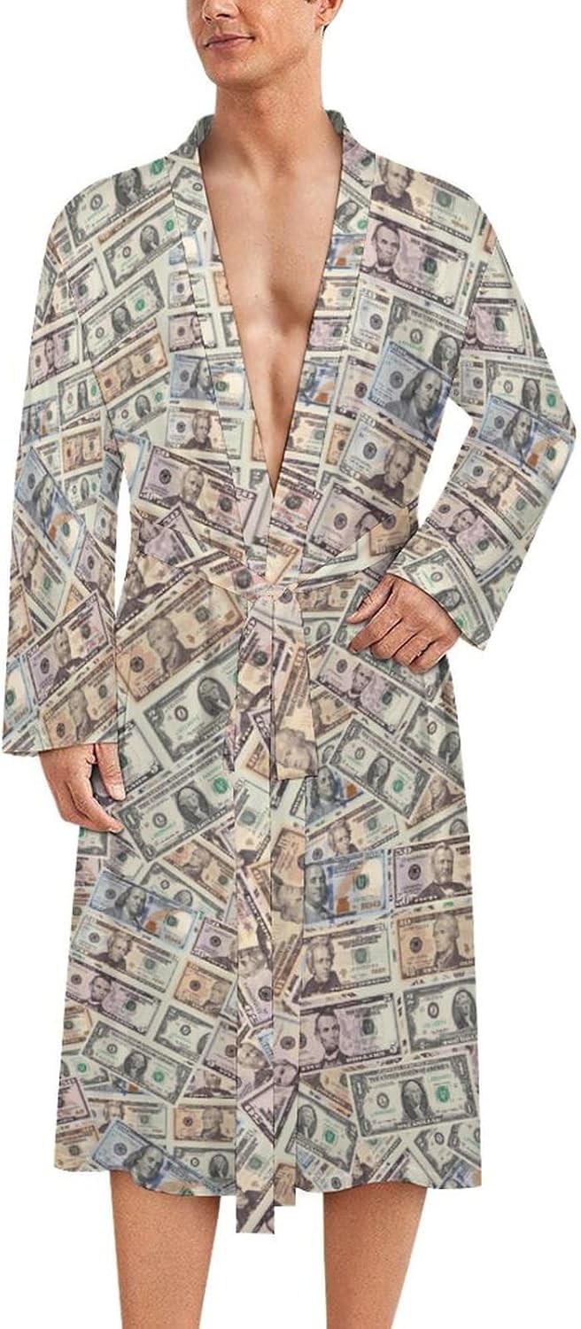 US Dollar Bills Mens Robe Long Bathrobe for Women Bath Robes Lightweight Soft Printed Sleepwear