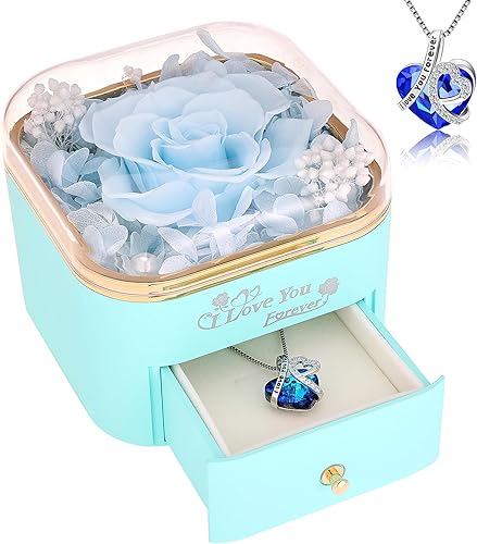 Rosa real azul preservada con collar, regalos para ella, regalos para mamá, esposa, novia, rosa con texto en inglés "I Love You Forever", regalos