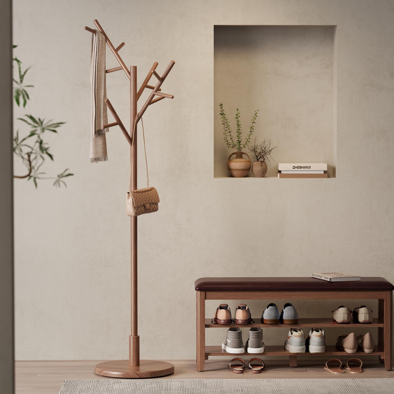 AQIMUELE Attaccapanni, Appendiabiti da Terra in Legno, 12 Ganci, 3 Altezze, per Cappotti, Cappelli e Borse, per Ingresso, Ganci e Palo in Legno di Gomma, Design ad Albero, Noce