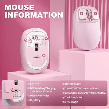 YUNZII C1 Wireless Tri-Mode Wireless Mouse 4800 DPI Optical (Pink)