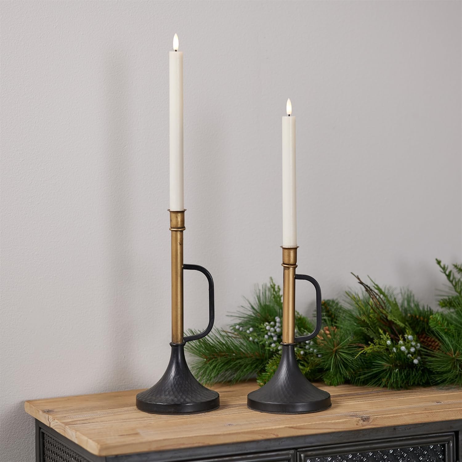 Metal Candle Holder Set of 2 9.25" & 12" Trumpet Taper Holders Black & Gold