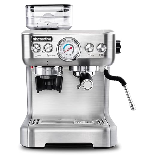 Sincreative Espresso Machine & Coffee Maker - 20Bar Semi Automatic Espresso Machine With Grinder & Steam Wand – All in One Espresso Maker & Latte Machine for Home - Brushed Stainless Steel Die Casting
