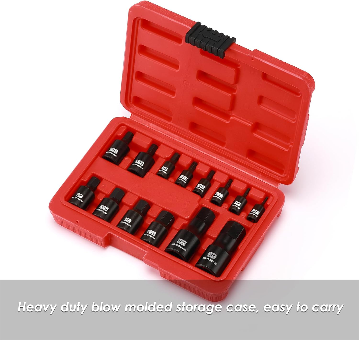 MIXPOWER 14-Piece Dr. Bit Socket Set, 3/32 to 3/4, 1/4", 3/8" and 1/2" Drive, Cr-Mo Impact Grade, SAE, Hex Bit Socket