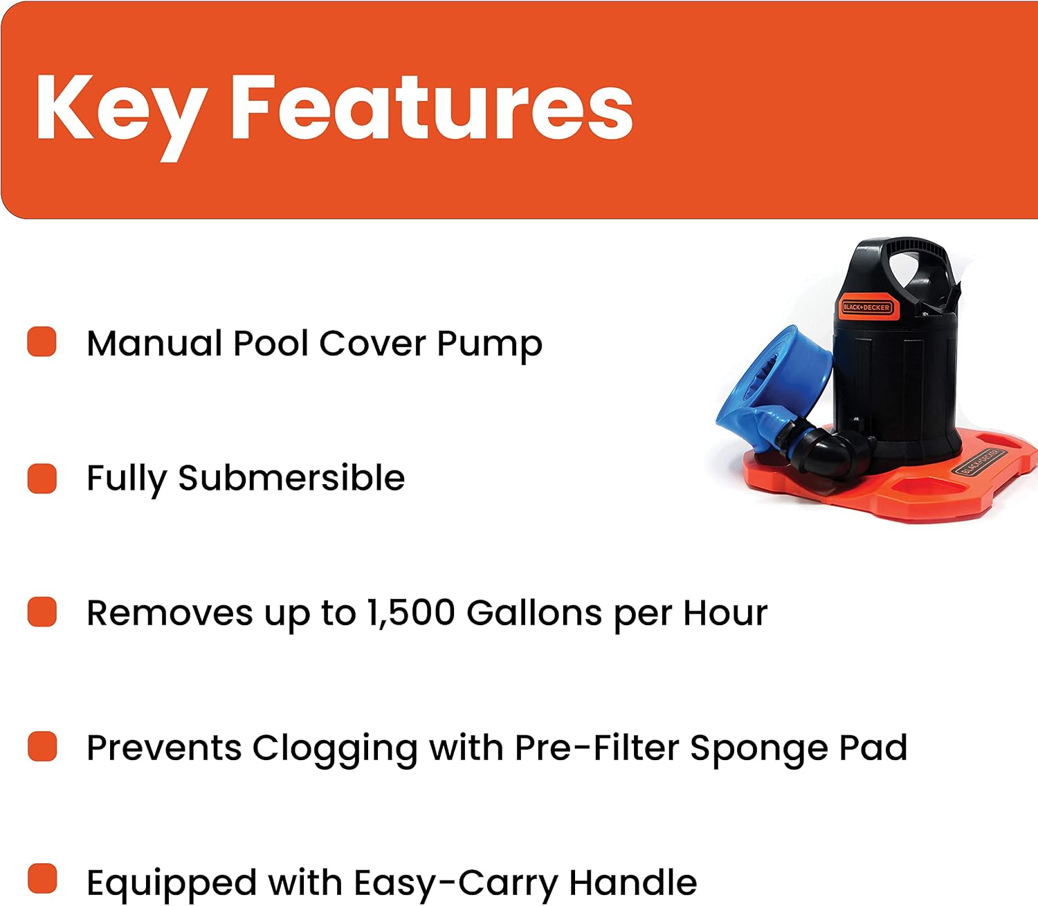BLACK+DECKER Swimming Pool Cover Pump, 1500 GPH Manual