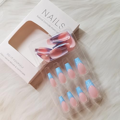 Miniatura 2 de Uñas postizas de Navidad a presión de 24 Pas con punta francesa larga uñas de ataúd de invierno uñas postizas mate con diseño de copo de nieve