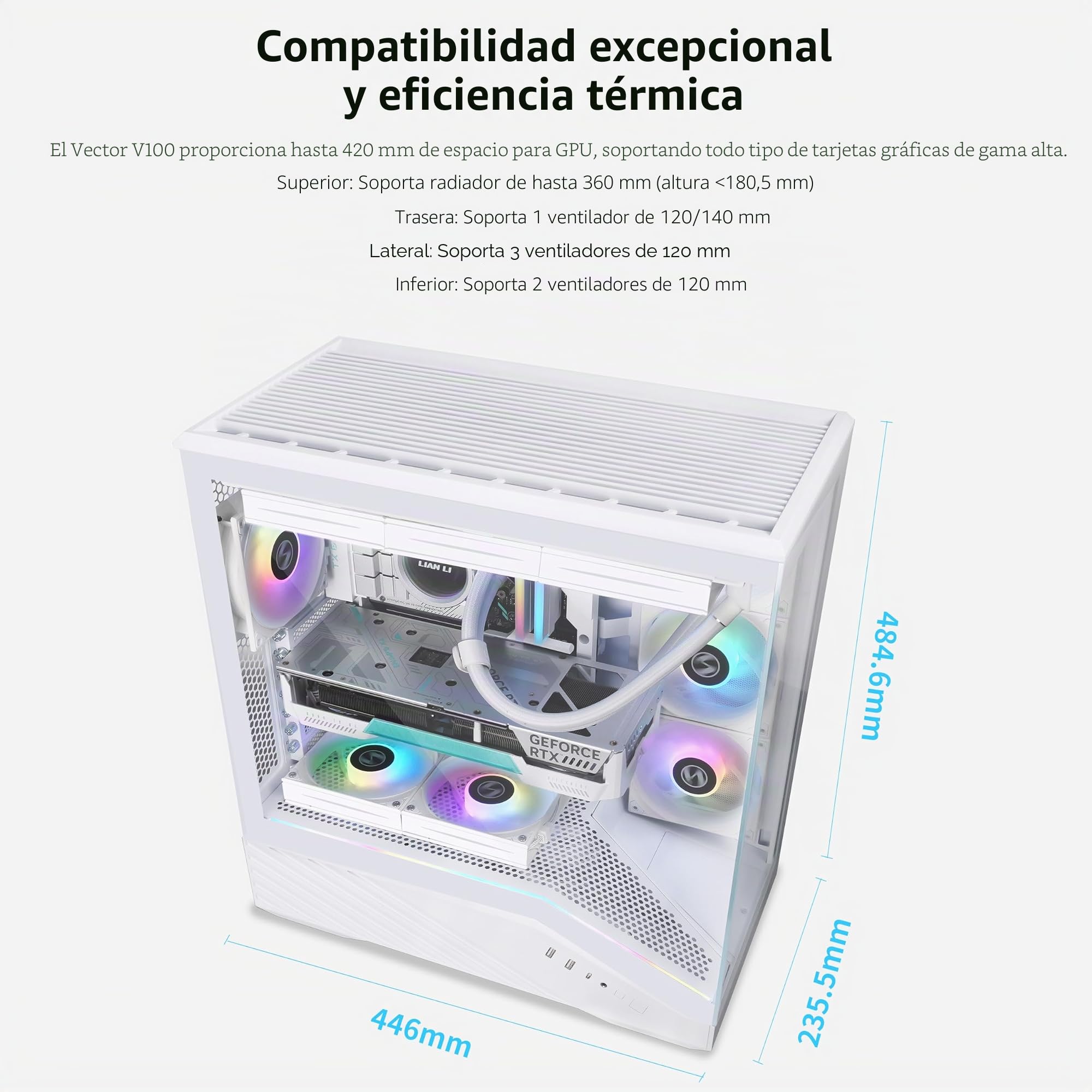 Lian Li V100 ATX - Carcasa de PC de Torre Media, 4 Ventiladores ARGB PWM de 120 mm preinstalados, Tira LED RGB, Plataforma de visualización con Vidrio Templado, Compatible con GPU de 420 mm, radiador | 4 ventiladores ARGB PWM de 120 mm preinstalados, tira
