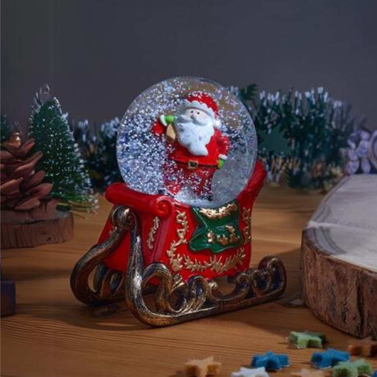 Marco Paul Interiors Santa On Sleigh Marco Paul 13Cm Christmas Santa Led Snow Globe Battery Powered Glitter Shaker With Colour Changing Leds Small Festive Ornament Xmas Tabletop Decoration And Gift Idea For Home