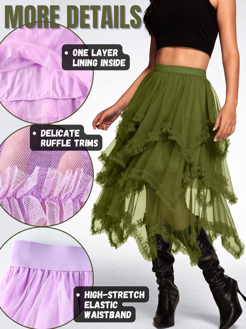 Kaei&Shi Long Tulle Skirt,Asymmetrical Ruffle Hem,Renaissance Fairy Costume
