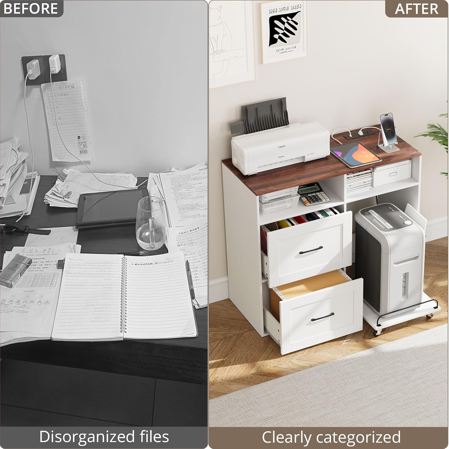 VOWNER File Cabinet with Charging Station, 2 Drawer Filing Cabinet, Printer Stand with Rolling Shredder Stand, Wooden File Cabinets with Open Storage Shelf, for Home Office fit A4, Letter, Legal Size