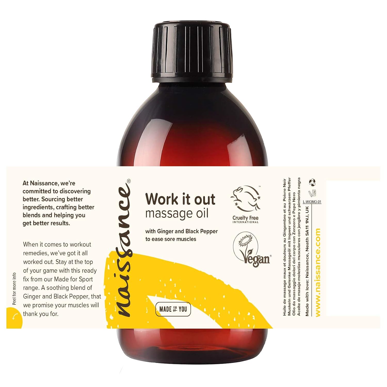 Naissance 'Work it Out' Massage Oil 3.4 fl oz - Natural Blend of Grapeseed Oil with Ginger, Black Pepper, Rosemary, Lemongrass, Coriander, Lavender & Vetiver Essential Oils