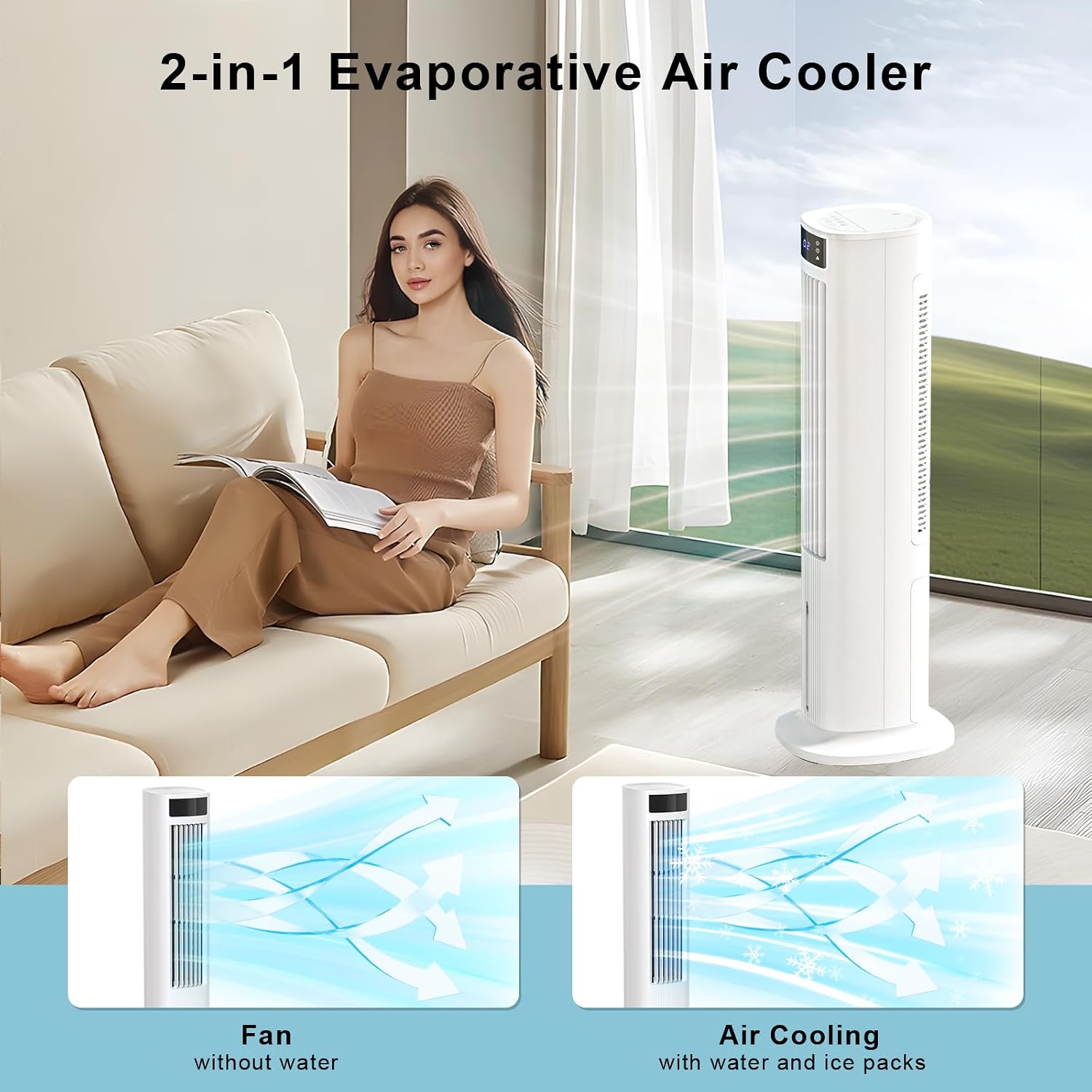 Antarctic Star 2-in-1 Evaporative Swamp Cooler, Bladeless Tower Fan, 80° Oscillation, 24H Timer & Remote, Low Water Alarm, 5L Top-Fill Removable Tank & 2 Ice Packs for Home Office