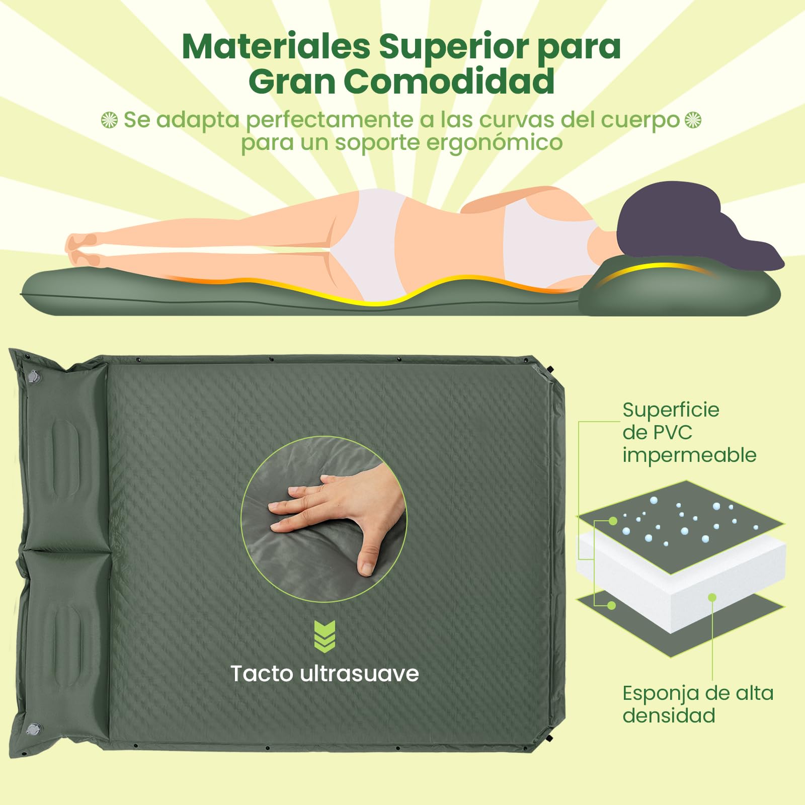 GOPLUS Colchoneta Camping Autoinflable para 2 Personas, Esterilla Hinchable Ligera con 2 Almohadas Inflables y Bolsa Portátil, Colchón de PVC Impermeable 187x131cm para Senderismo Viajes (Verde)