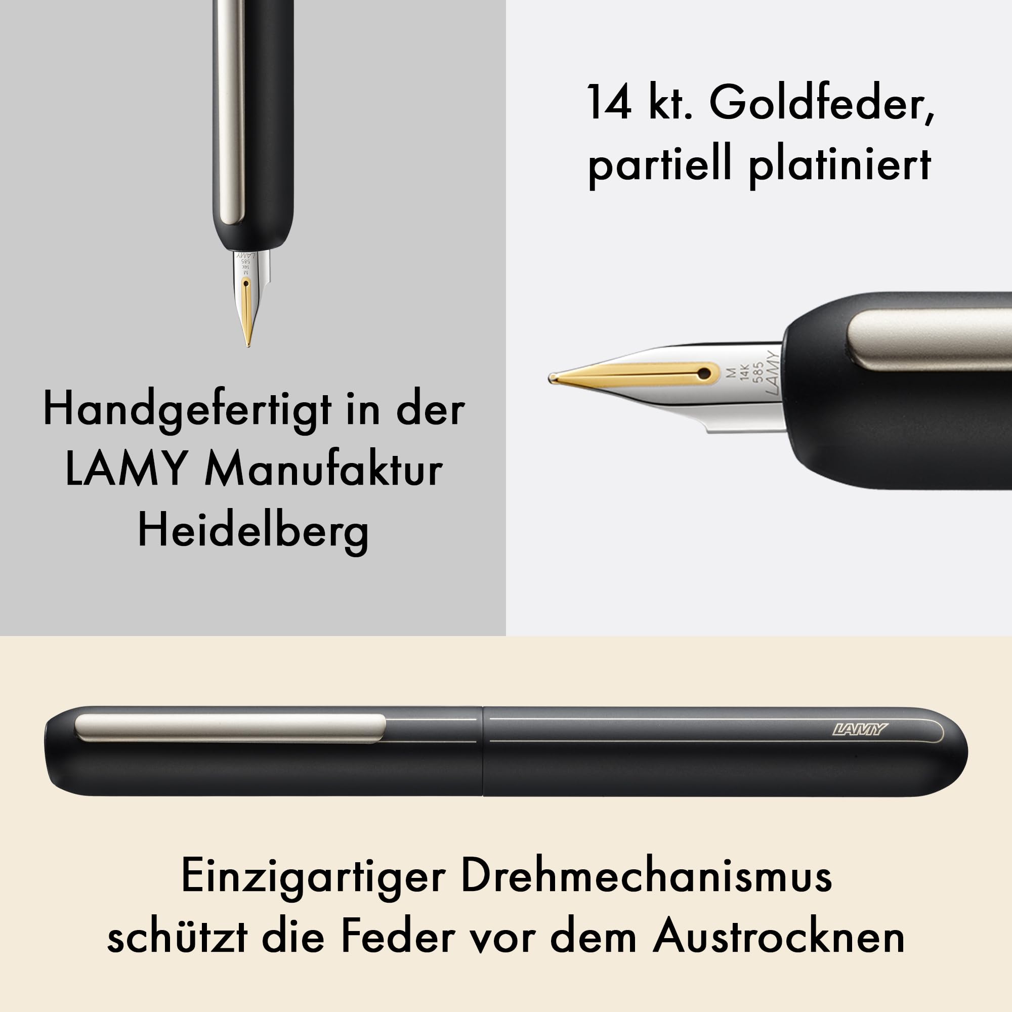Lamy dialog black Füller - kappenloser Füllhalter mit Drehmechanismus -14 kt. Goldfeder, partiell platiniert & in Strichbreite EF – inkl. Tintenpatrone T 10 blau & Konverter Z 27 – Rechtshänder
