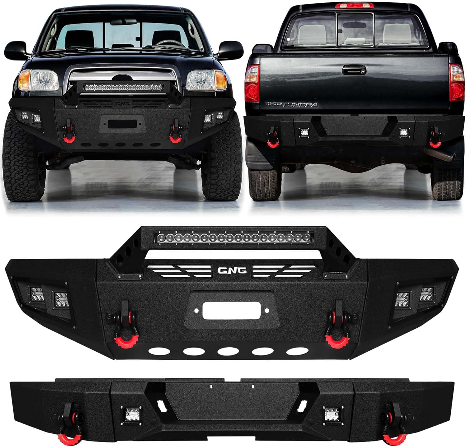 GNG Front and Rear Bumper Compatible with 2000-2006 Toyota Tundra w/144W LED Lights &Winch Plate & D-Ring,〔Black Textured〕