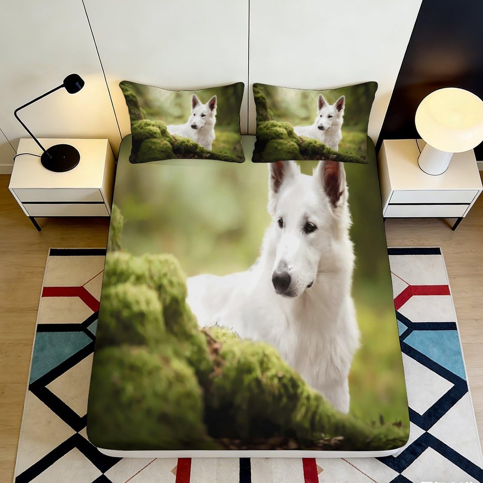 Pnayamiorkfel Style-9 3D Printed White Shepherd Dog Fitted Sheet Microfiber Soft Bedroom Decor Forest Moss Mattress Cover 90X200x25cm