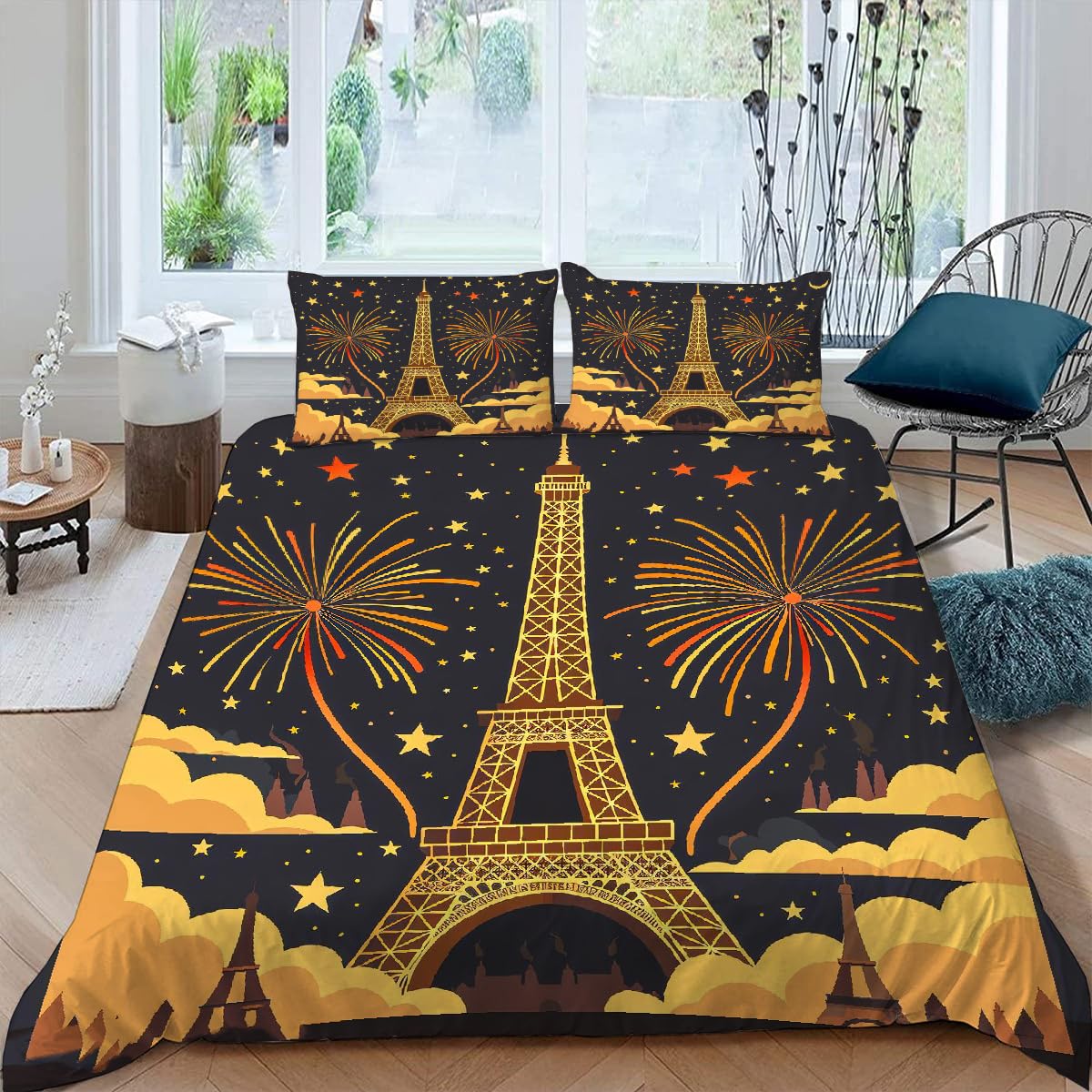 Housse de Couette 220x240cm Paris Tour Eiffel en Microfibre avec 2 Taies d'Oreiller