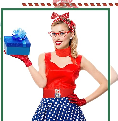 Miniatura 4 de Newcotte 7 piezas de accesorios de disfraz de los años 50 para mujer, bufanda, lunares, ojo de gato, bandana, diadema, aretes, guantes, cintura
