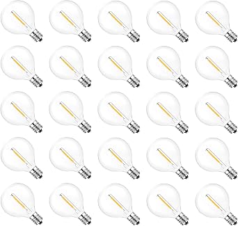 Jslinter G40 Outdoor String Light Replacement Bulbs, 2700K, 25-Pack | LED String Light Replacement Bulbs, 5000K Daylight, 25 Pack, 1W, E12 Base, Shatterproof Glass, 60 Lumens