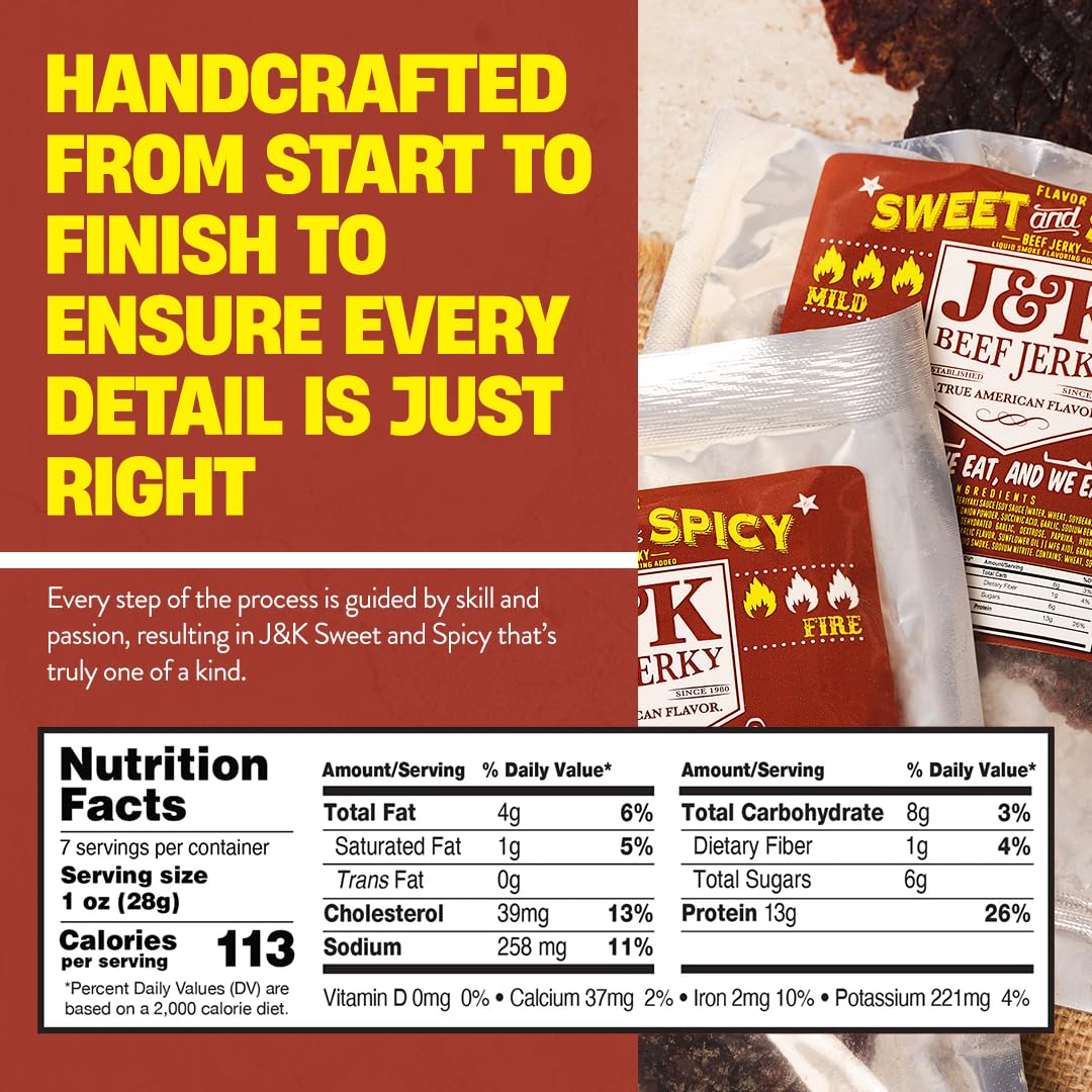 J&K Sweet and Spicy Beef Jerky - Hand Crafted Small Batch American Made Slab Beef Jerky - Bold & Flavorful Snack! - 7oz Big Bag