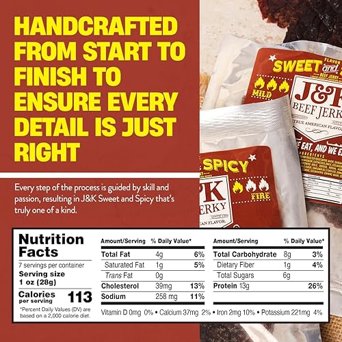 Miniatura 2 de J&K Jerky - Cecina de res dulce y picante  Hecho a mano en lotes pequeños hechos en Estados Unidos  Aperitivo audaz y sabroso!  Bolsa grande de