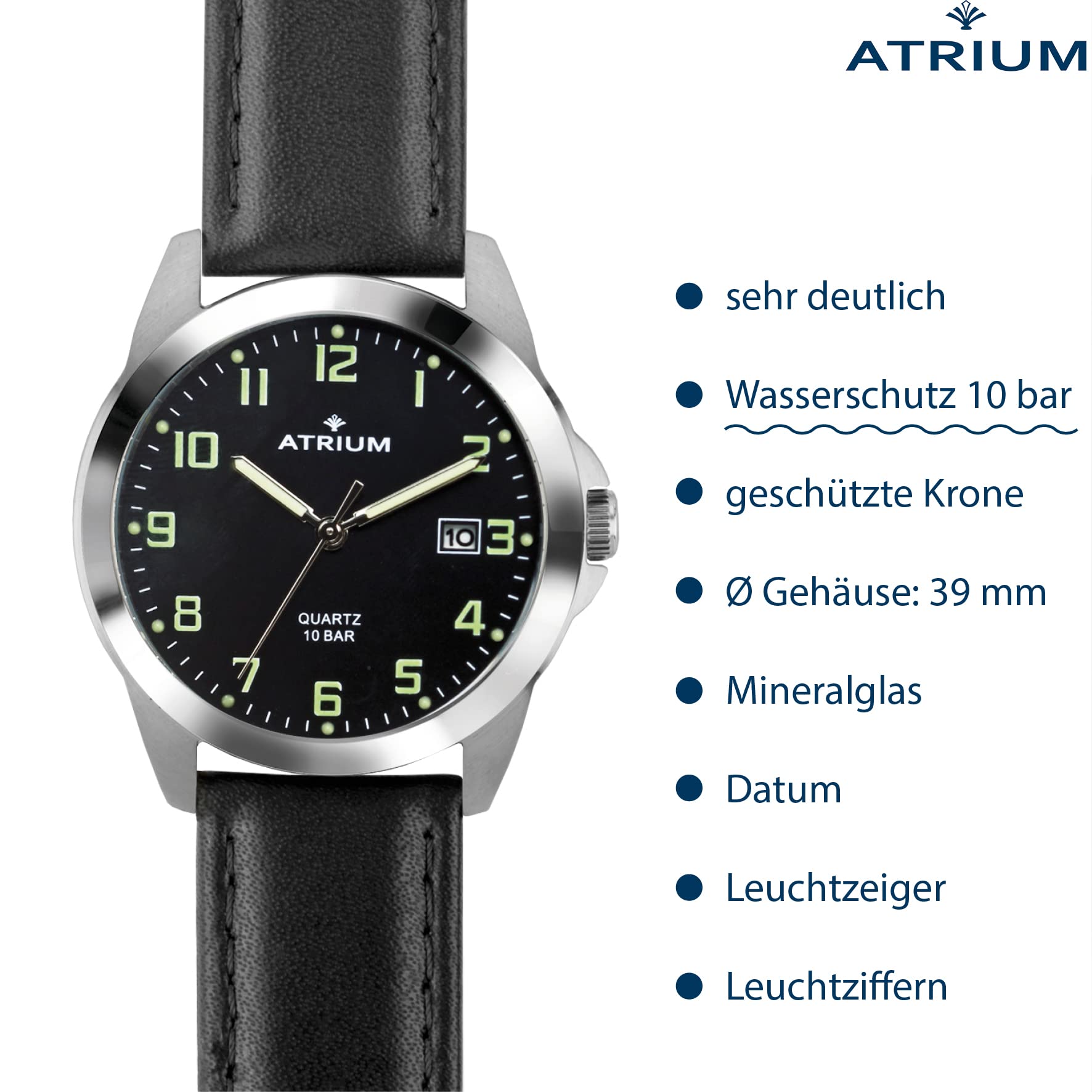 Atrium Herren-Armbanduhr Edelstahl silberfarben Analog Quarz 10 bar mit Datum, Leuchtzeiger, Leuchtziffern, sehr deutliches Zifferblatt Schwarz und Lederband schwarz A16-11