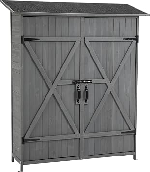 Tmsan Outdoor Storage Cabinet, Outside Wood Shed with Waterproof Roof & Detachable Shelves & Double Locks, Vertical Tool Storage Box for Patio, Garden, Backyard, Grey