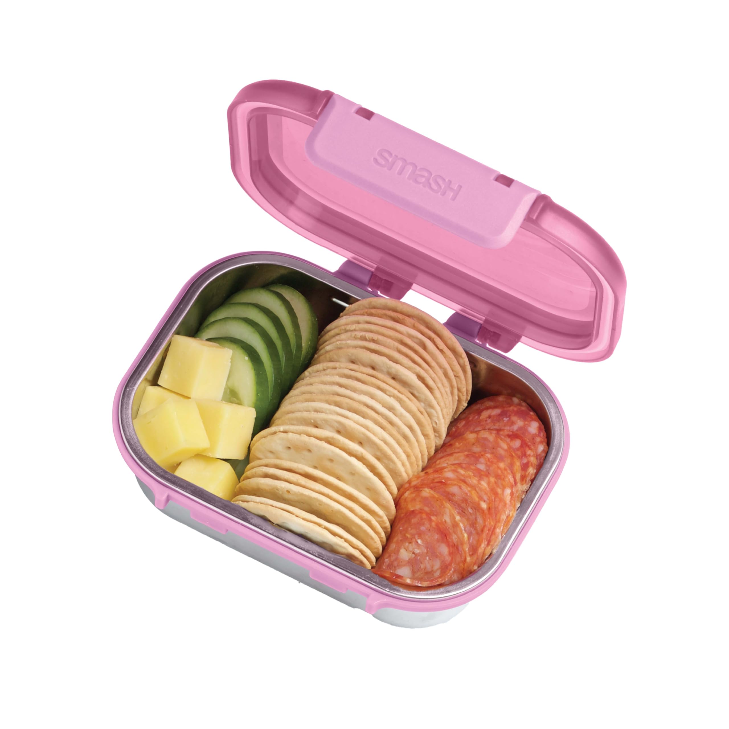 Smash 550ml/19 oz Microwave Safe Stainless Steel Snack Box with Pink Hinged Lid - Leak-Proof Clip Closure, Silicone Seal, BPA Free