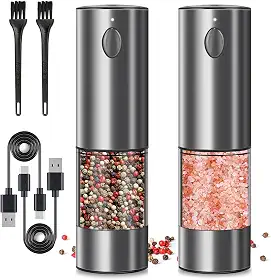 Conjunto de moedor elétrico de sal e pimenta, conjunto de moedor automático de sal e pimenta de aço inoxidável de maior capacidade, recarregável com 5 coqueteleiras ajustáveis de aço inoxidável