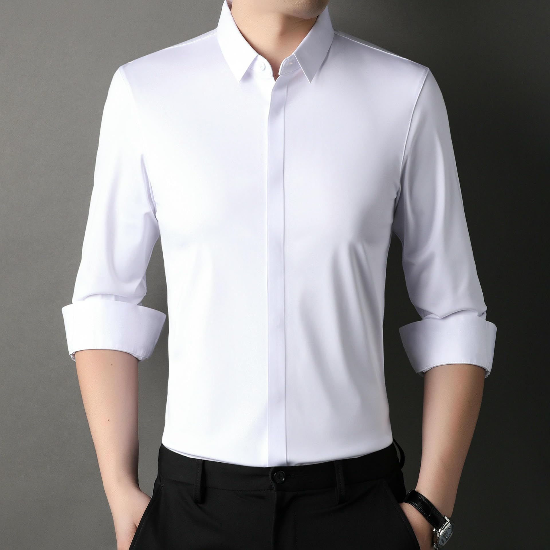 Camicia a maniche lunghe da uomo, tinta unita, slim fit, abbottonatura nascosta, senza pieghe, casual, traspirante, con bottoni